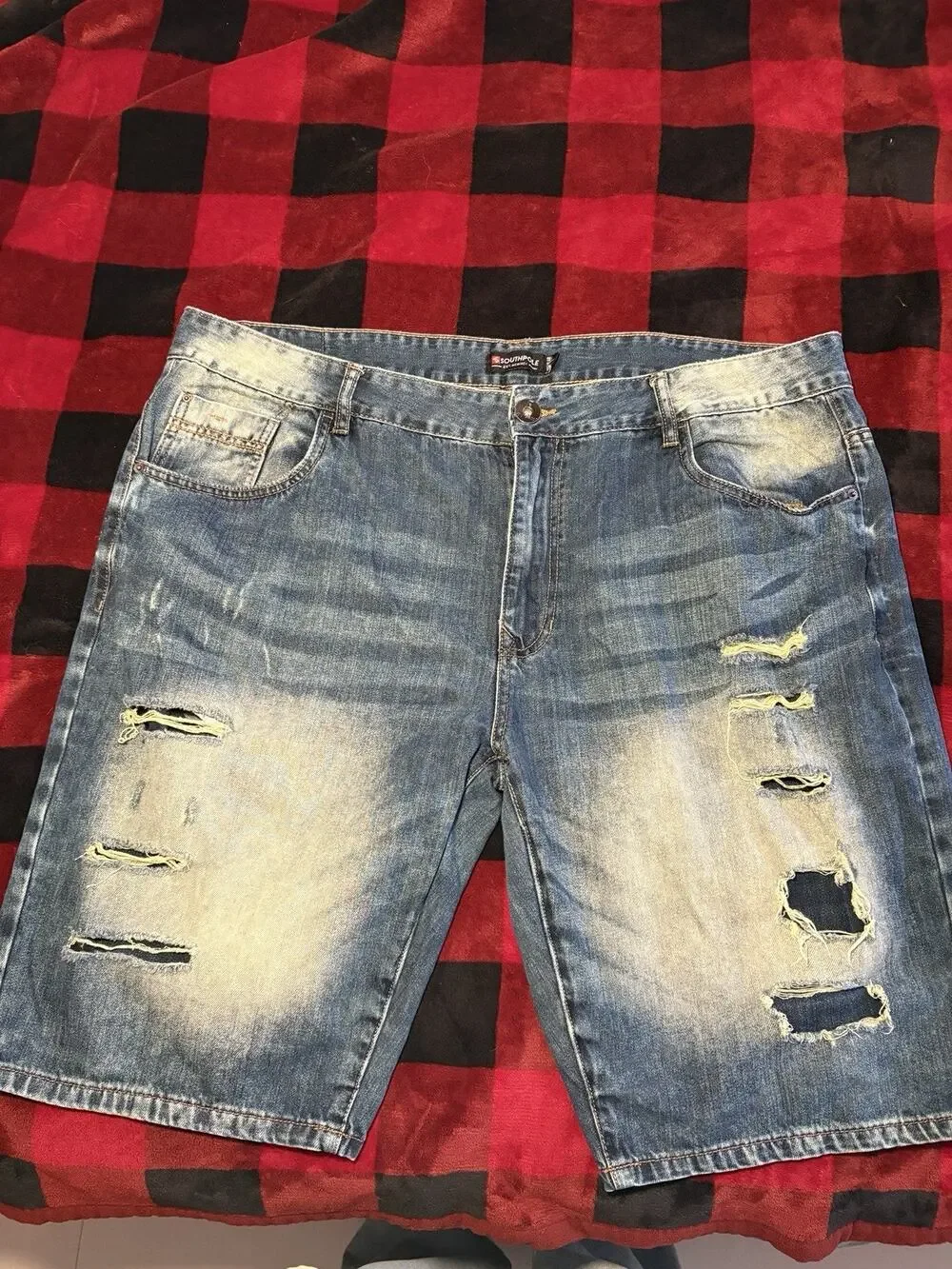 Southpole Men's Blue Distressed Denim Shorts Light Wash 5-Pocket Button Vintage